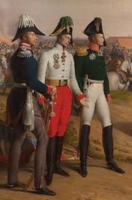 Drei Soldaten stehende auf einem Schlachtfeld in den Napoleonischen Kriegen