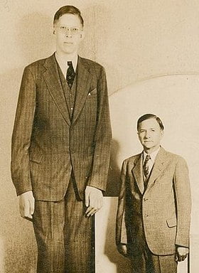 Grösster Mann der Welt Robert Wadlow steht auf alter Fotographie neben kleinen Mann