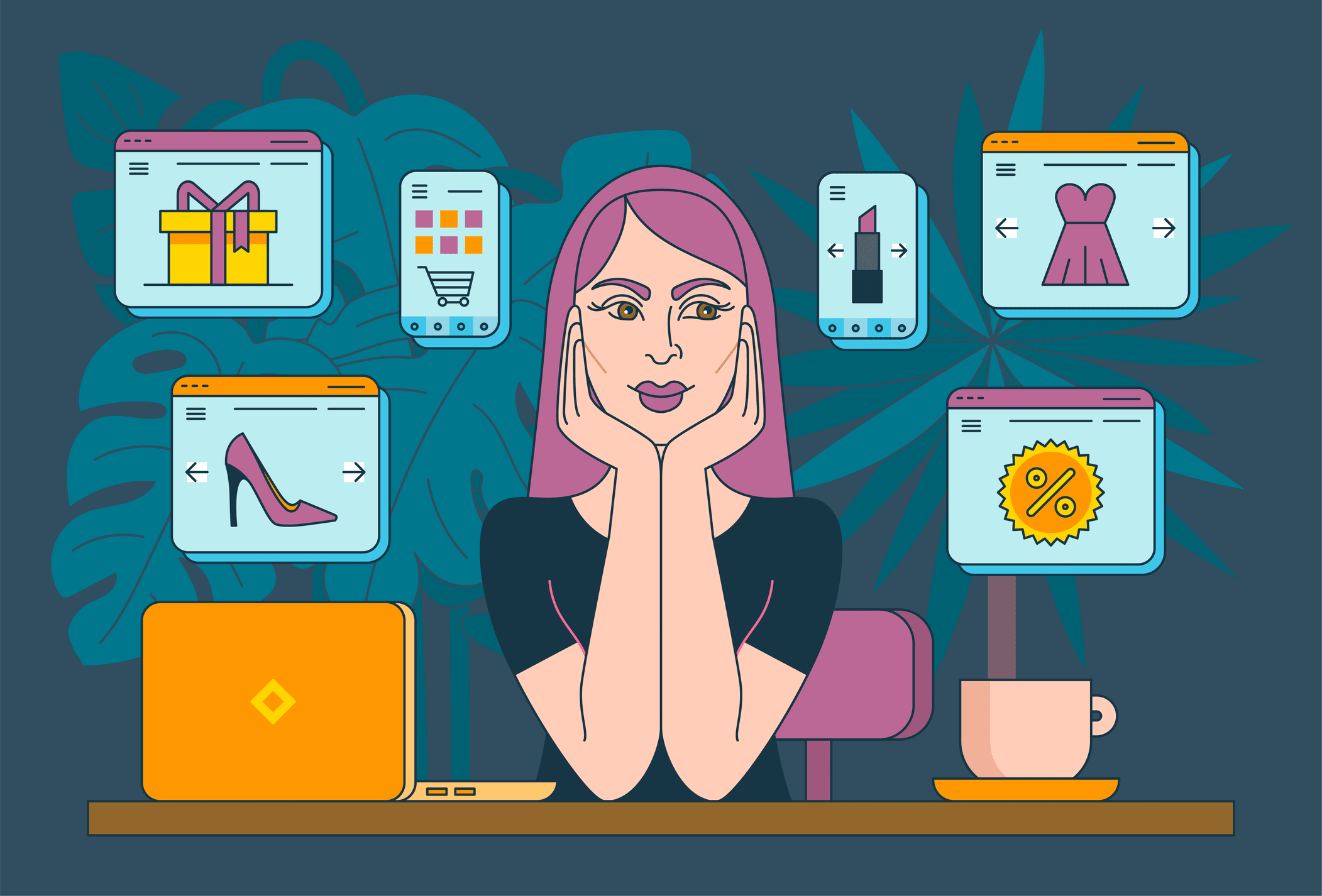 Frau sitzt vor Computer und überlegt wo Kleidung kaufen